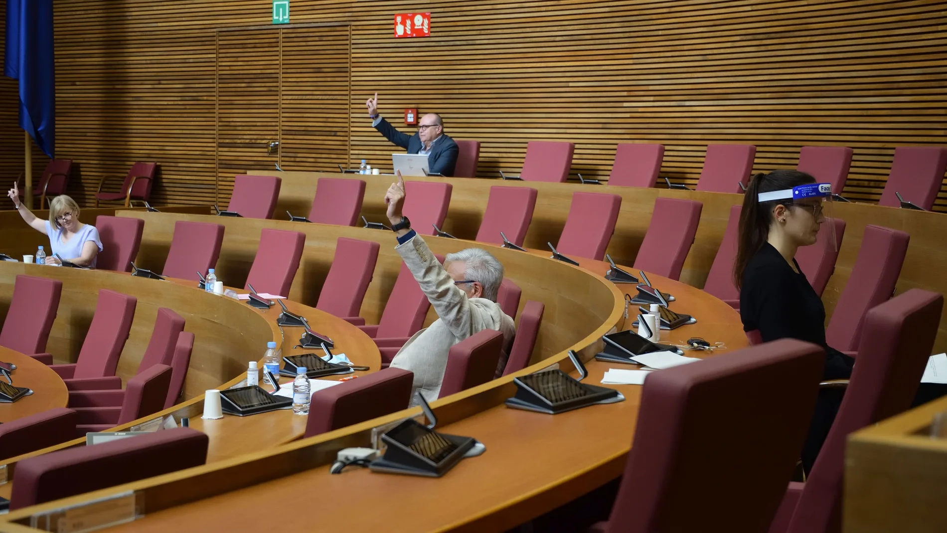 Sus señorías guardan el preceptivo distanciamiento social en una de las comisiones de Les Corts que ahora se celebran en el hemiciclo
