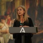 La consejera de Cultura y Patrimonio Histórico, Patricia del Pozo, en rueda de prensa en el Museo de Bellas Artes de Sevilla
