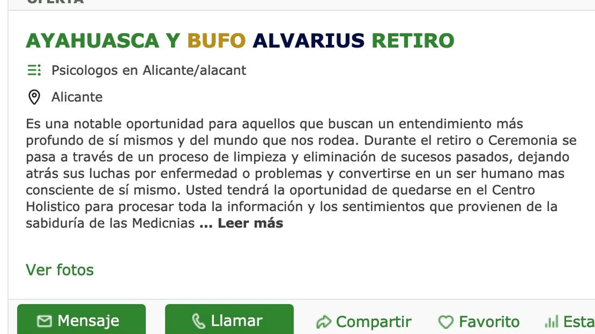 Uno de los numerosos anuncios que proliferan en Internet ofreciendo la ayahuasca del sapo bufo