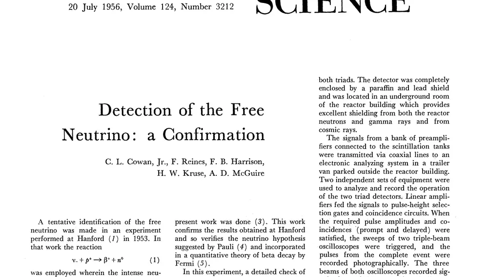 Imagen del artículo en el que Reines y Cowan anunciaron la primera detección experimental de un neutrino. Su título, inusualmente rotundo, nos da una idea de la emoción del descubrimiento: “Detección del neutrino libre: una confirmación”.