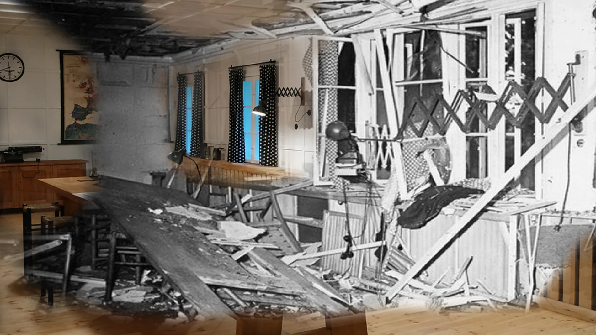 Reconstrucción con el antes y el después de la sala donde detonó lo bomba