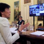 La ministra de Educación, Isabel Celaá, durante la Conferencia Sectorial de Educación que ha tenido lugar este jueves por videoconferencia para tratar cómo será el próximo curso escolar.
