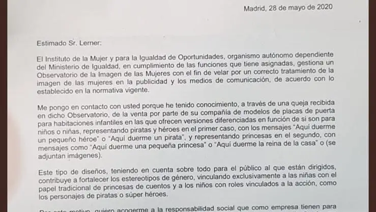 Imagen de la carta remitida por el Instituto de la Mujer al responsable de la empresa