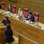 Una trabajadora del servicio de limpieza desinfecta la tribuna de oradores durante una sesión ordinaria en las Corts Valencianes para tratar, entre otras cuestiones, de la creación de una comisión especial de estudio sobre discapacidad y diversidad funcional.