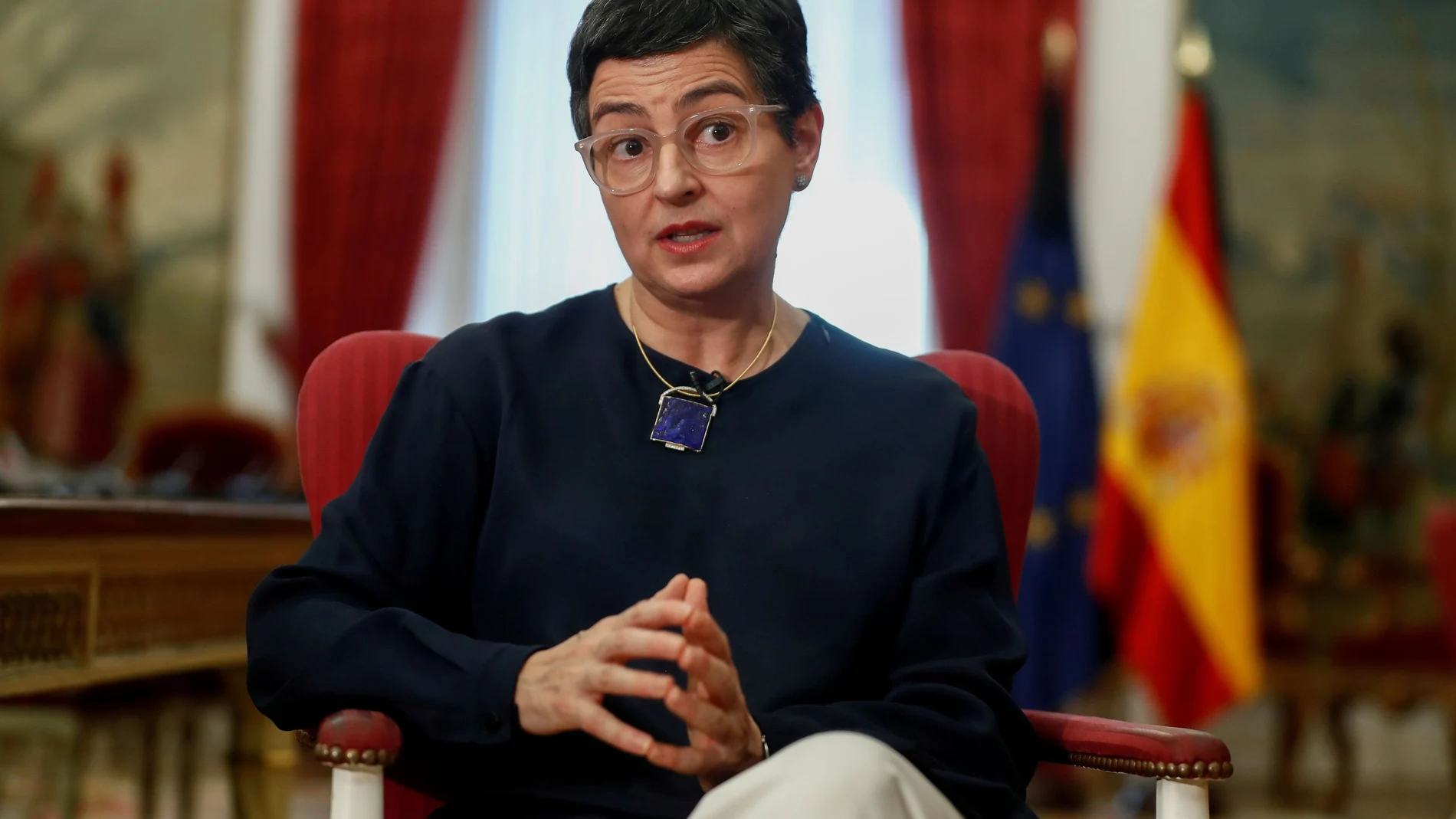 FILE PHOTO: Spanish Foreign Minister Arancha Gonzalez Laya reacts during an interview with Reuters at the Ministry of Foreign Affairs, in Madrid