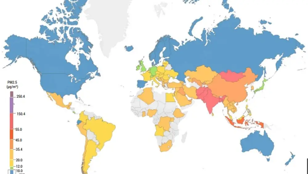 Mapa mundial de contaminación. Verde: Bueno; Azul, objetivo de la OMS; Rojo, morado y Marrón, de insalubre a peligroso
