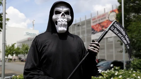 Un integrante de la organización animalista PETA, disfrazado como la muerte, permanece frente a la sede del matadero Toennies, en Rheda-Wiedenbrueck (Alemania).