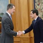 Felipe VI recibiendo en audiencia a Juanma Moreno en el Palacio de la Zarzuela