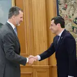 Felipe VI recibiendo en audiencia a Juanma Moreno en el Palacio de la Zarzuela