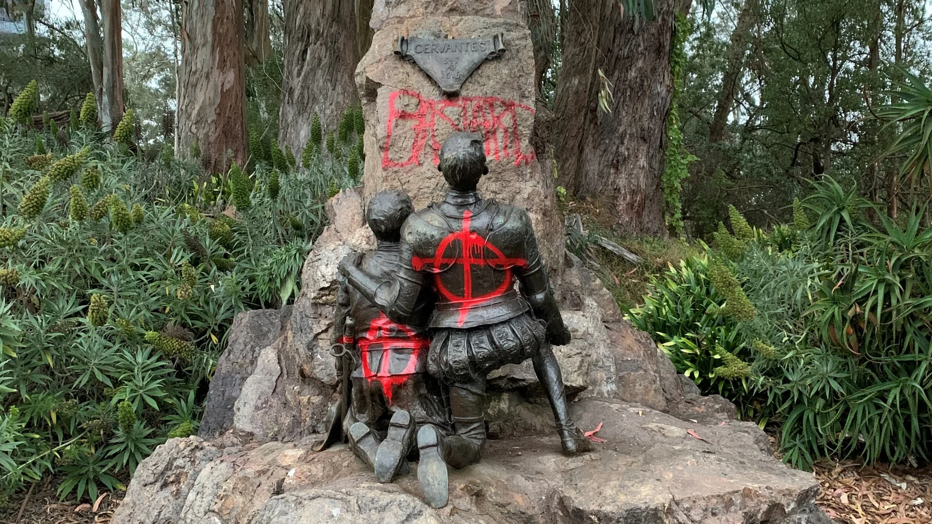 Miguel De Cervantes memorial is vandalised with red spray paint, in San Francisco, California