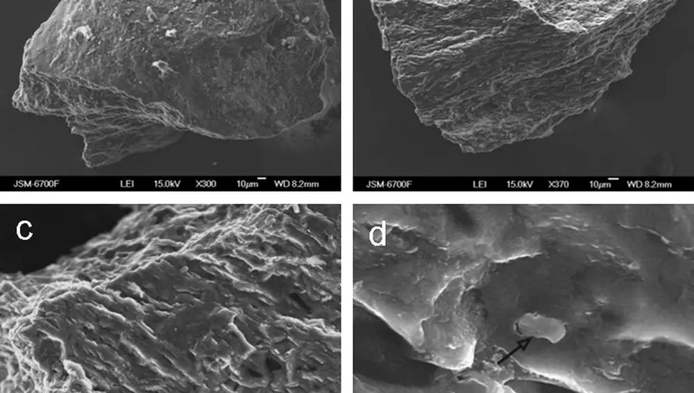 A y B son micromuestras de diamante-losdaleita-grafito obtenidas en Tunguska. C muestra la estructura lamelar de una de estas muestras y la D la inclusión de cristales troilita en la matriz de carbono.