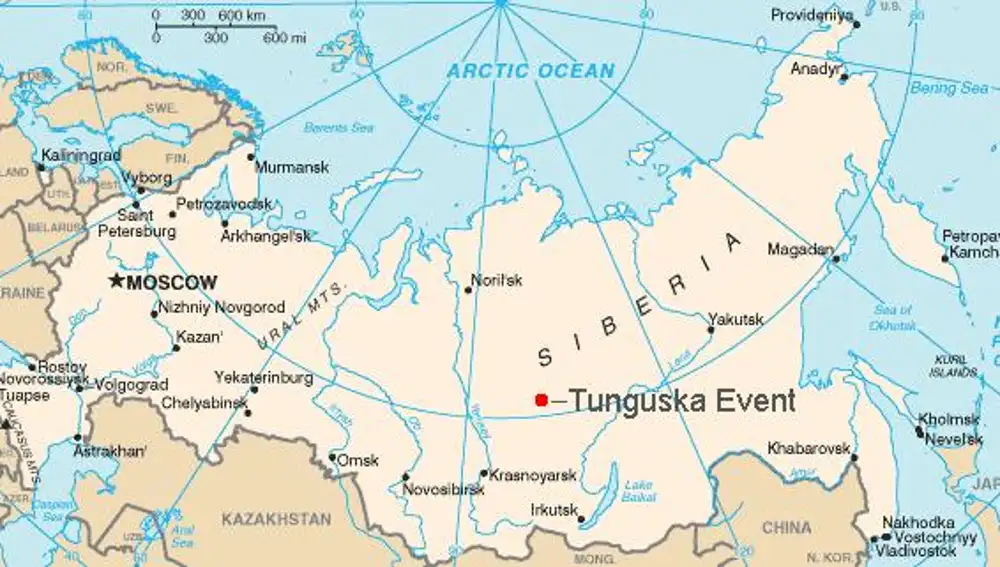 Mapa político de Rusia mostrando la ubicación de Tunguska.