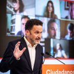 El portavoz de Cs, Edmundo Bal en rueda de prensa telemática desde la sede del partido