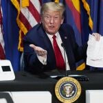 FILE - In this May 5, 2020, file photo, President Donald Trump speaks during a roundtable on supporting Native Americans in Phoenix. Trump is scheduled to visit Yuma, Ariz., on Tuesday, June 23, 2020, to mark the completion of the 200th mile of the border wall system between the United States and Mexico. (AP Photo/Evan Vucci,File)