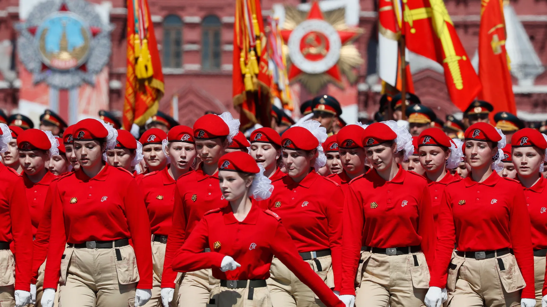 Members of youth patriotic movement Unarmia march during a military parade, marking the 75th anniversary of the Nazi defeat, in Moscow, Russia, 24 June 2020