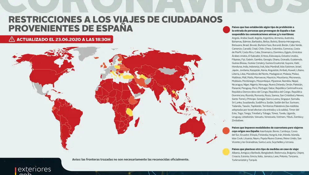 Mapa de los viajes permitidos y vetados para los españoles y desde España