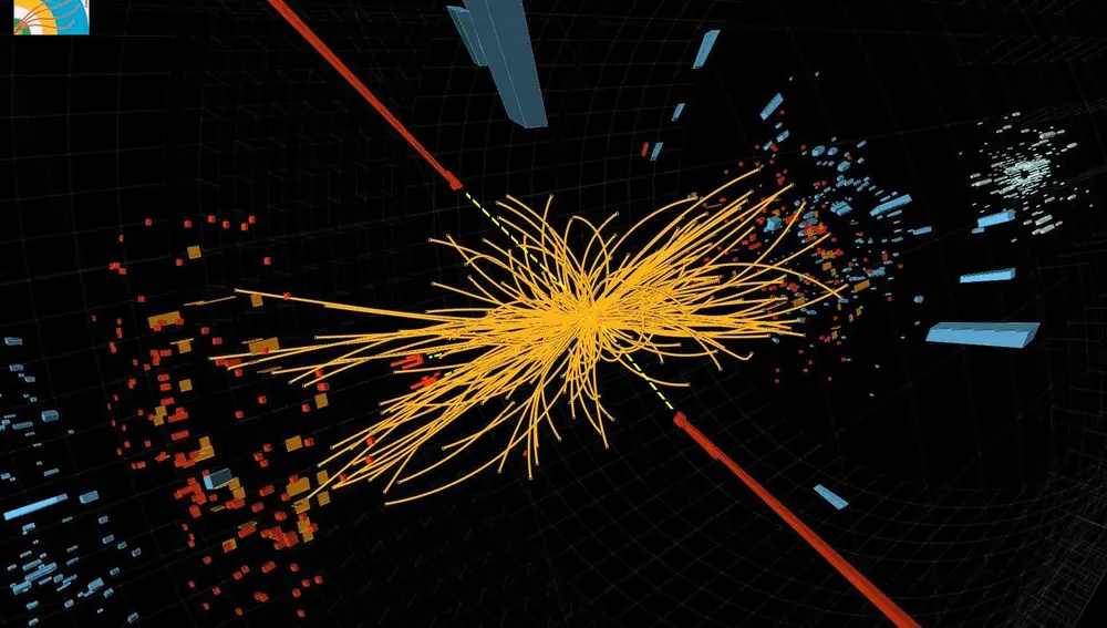 Imagen de la desintegración de un bosón de Higgs a dos fotones obtenida en el experimento CMS del CERN. Como vemos, los fotones salen en direcciones opuestas.