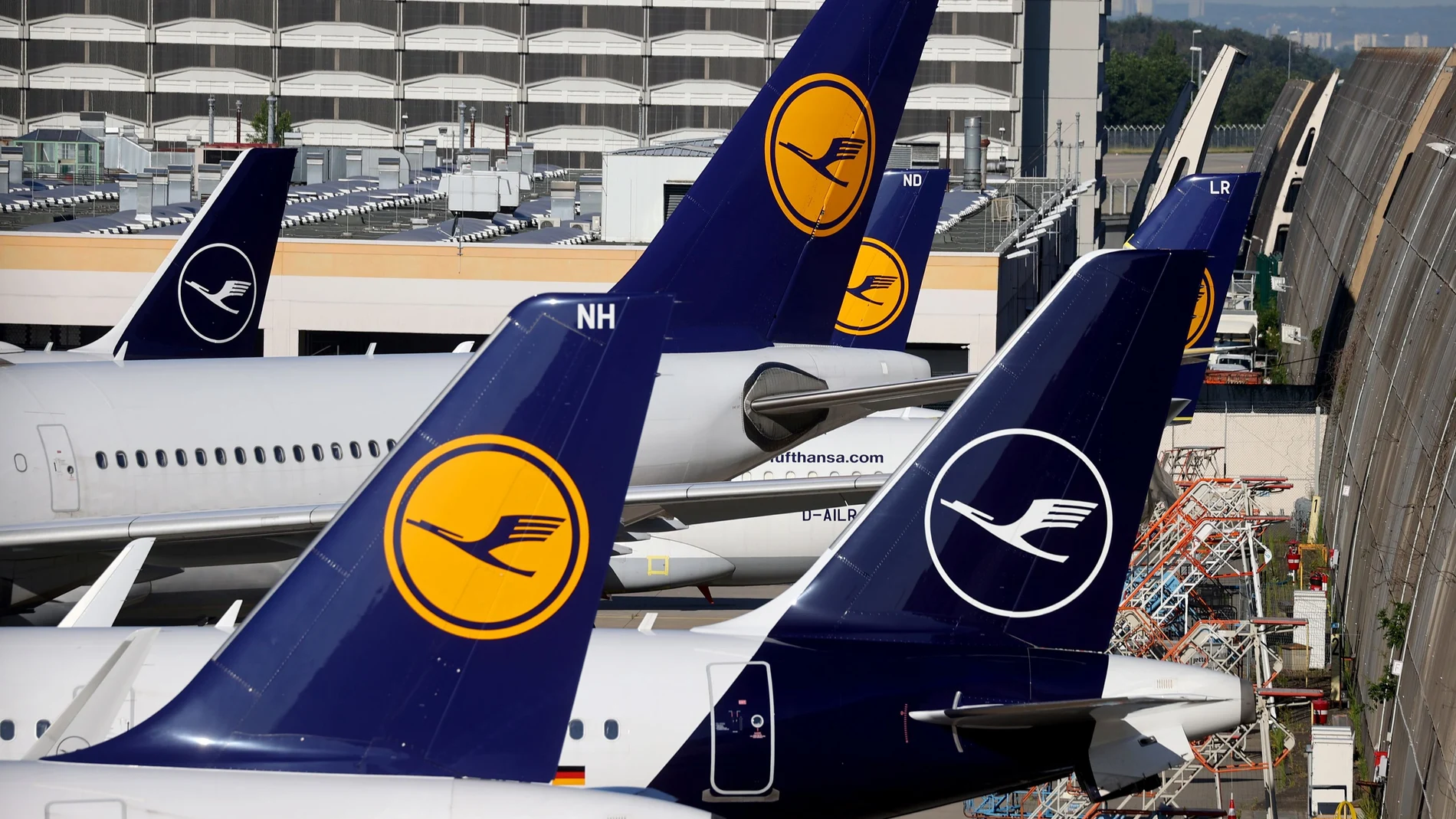 Lufthansa planes are seen parked on the tarmac of Frankfurt Airport