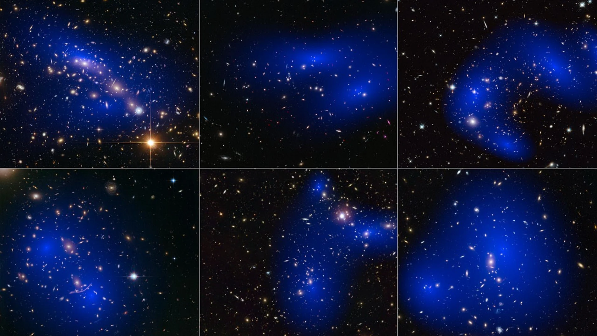 Colisión de seis agrupaciones de galaxias con mapas de materia oscura.