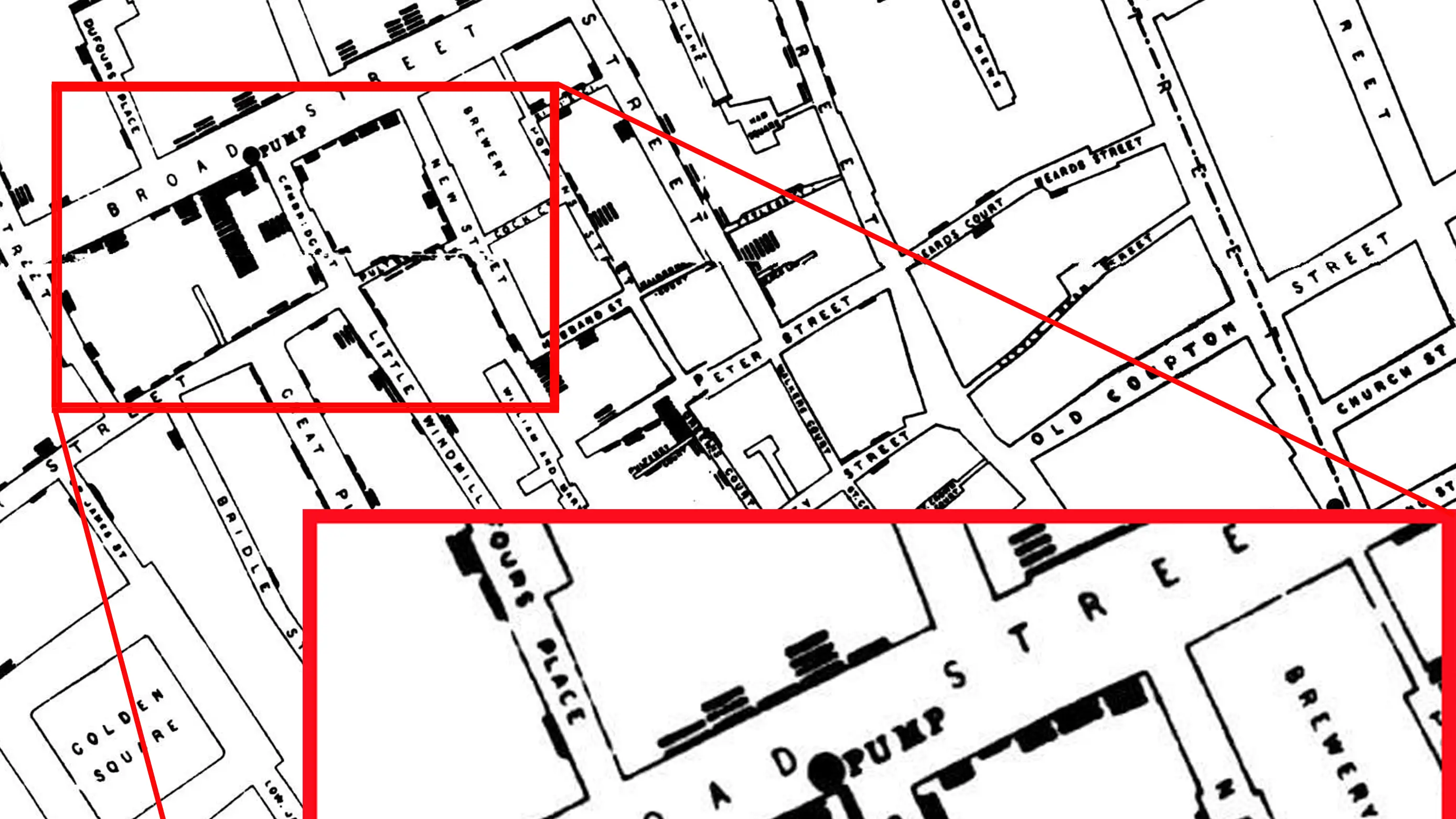 mapa del Soho londinense donde se produjo el brote de cólera