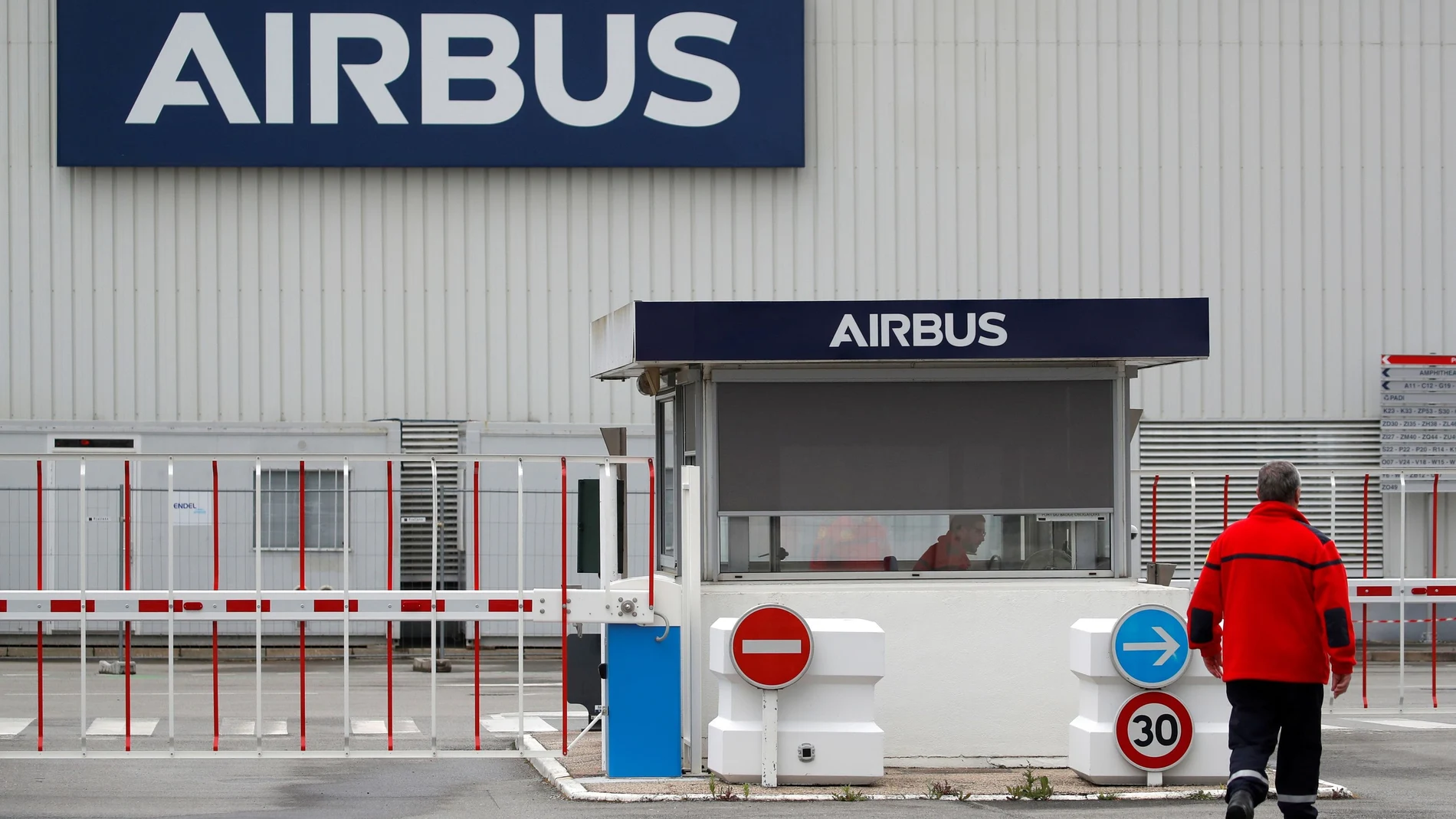 FILE PHOTO: The logo of Airbus is pictured at the entrance of the Airbus facility in Bouguenais