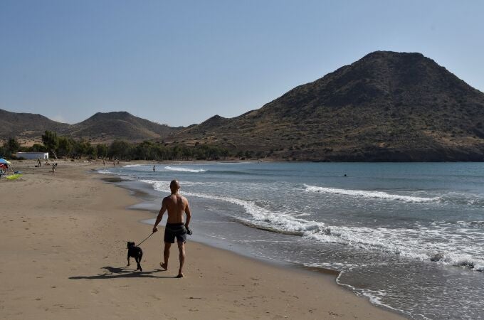 Un hombre pasea a su perro en la playa de los Genoveses en el parque natural Cabo de Gata-Níjar (Almería). EFE / Carlos Barba