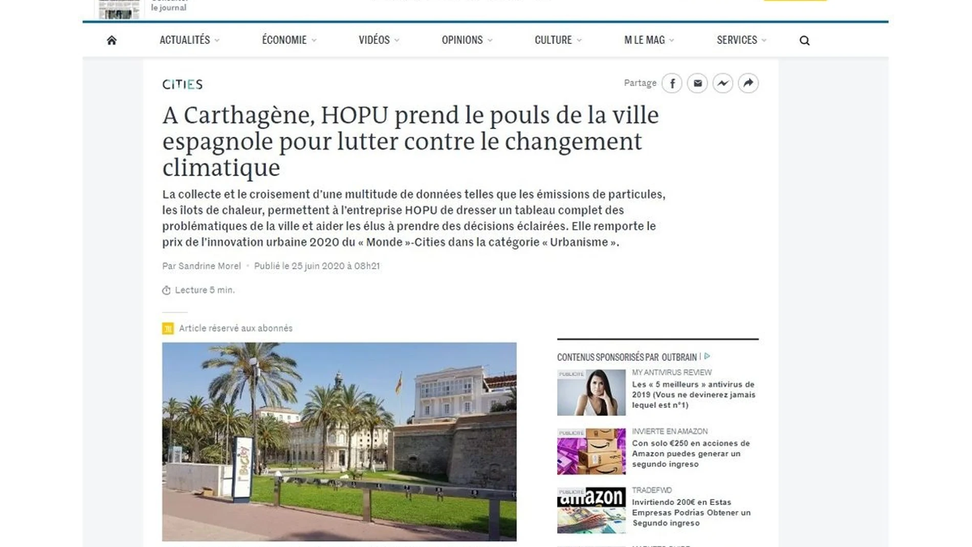 El periodico francés Le Monde distingue a Cartagena con el premio de Innovación Urbana 2020