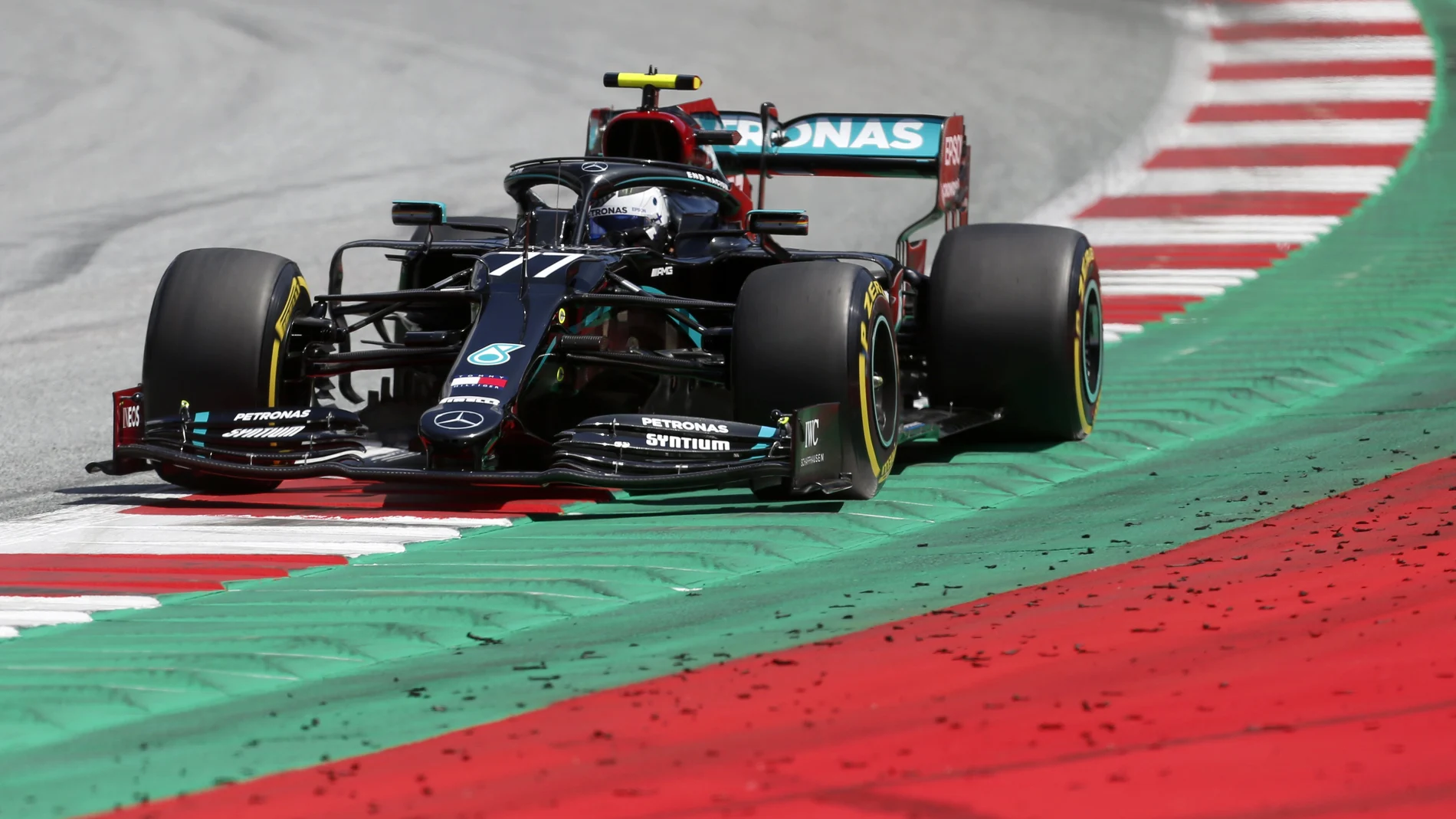 Mercedes driver Valtteri Bottas of Finland steers his car during the third practice session at the Red Bull Ring racetrack in Spielberg, Austria, Saturday, July 4, 2020. The Austrian Formula One Grand Prix will be held on Sunday. (AP Photo/Darko Bandic)