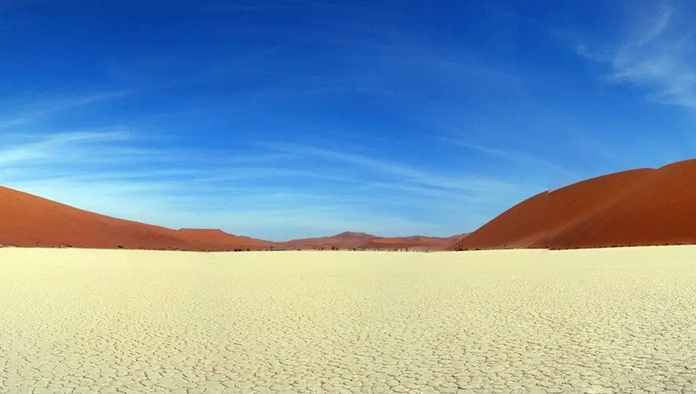 Contrasta con brusquedad la diferencia de colores entre el Deadvlei y el resto del desierto.
