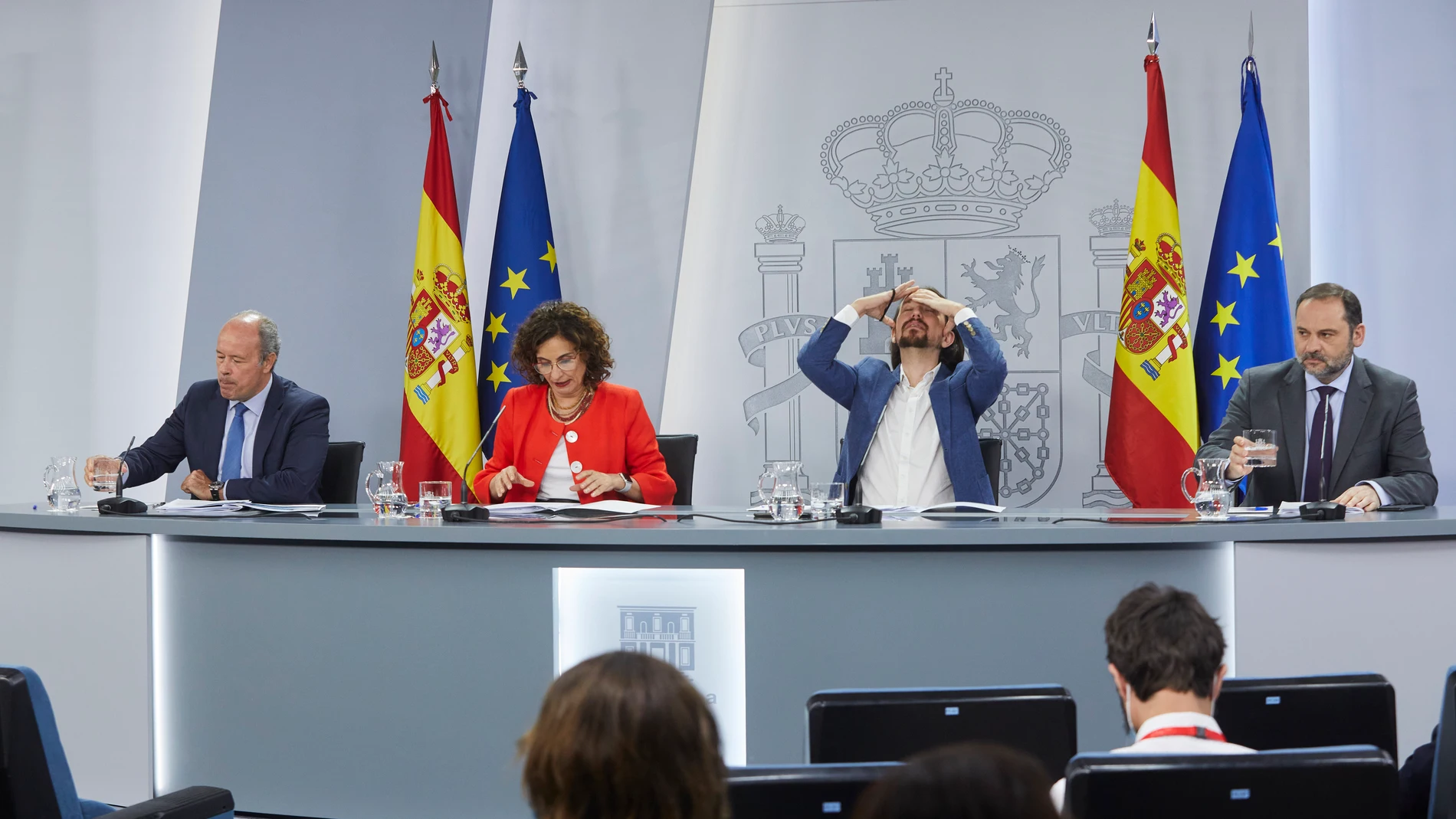 Rueda de prensa posterior al consejo de ministro de los martes, a cargo de su portavoz, María Jesús Montero, el vicepresidente del Gobierno, Pablo Iglesias, el ministro de Transportes, José Luis Ábalos, y el titular de Justicia, Juan Carlos Campo