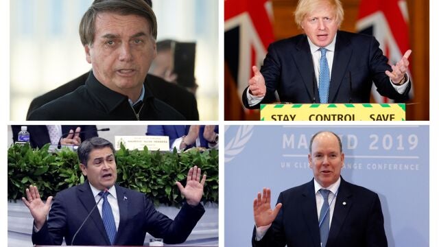 Jair Bolsonaro, Presidente de Brasil, Boris Johnson, prime rministro de Reino Unido, Juan Orlando Hernández, presidente de Honduras y Alberto II de Mónaco, príncipe de Mónaco.