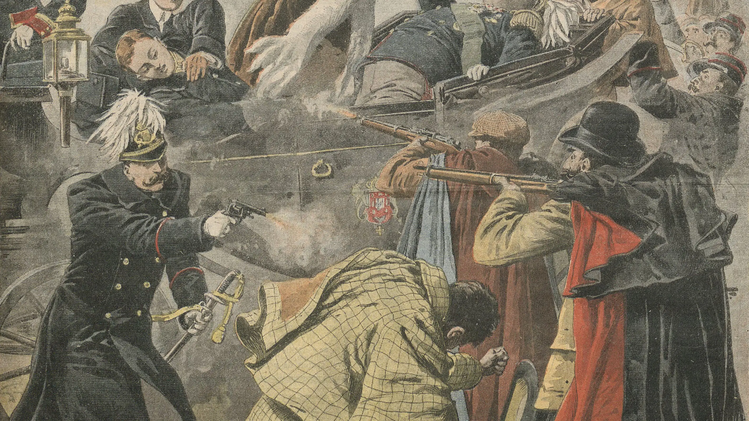 Grabado que ilustra el asesinato del rey Carlos I de Portugal