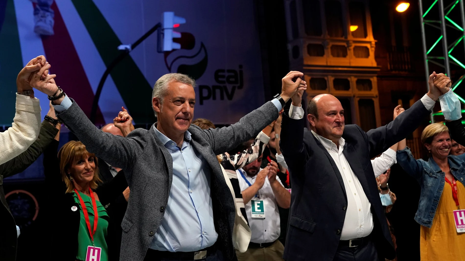 Basque premier Inigo Urkullu celebrates his party's victory in regional elections at Basque Nationalist Party (PNV) headquarters in Bilbao