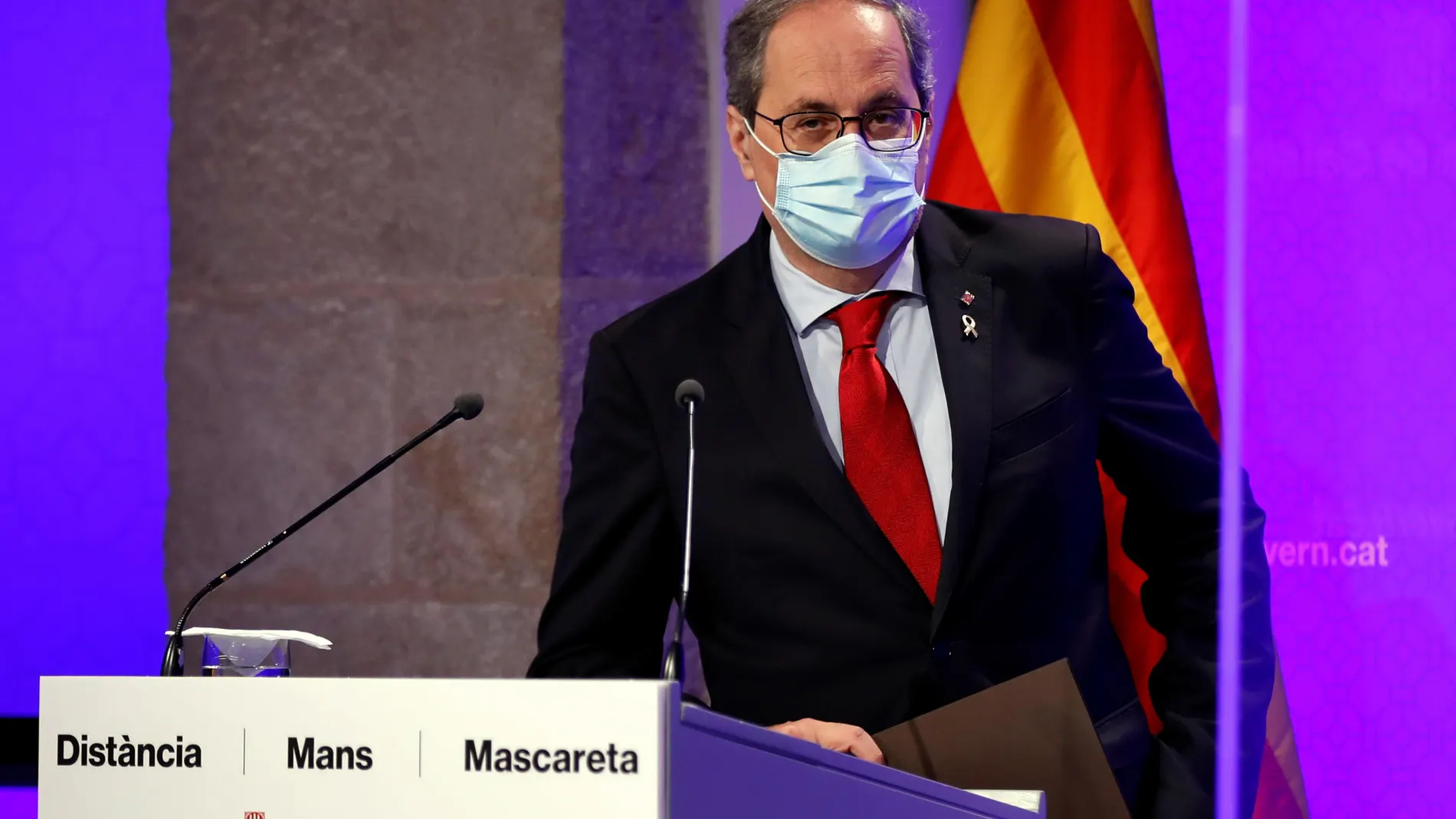 El presidente de la Generalitat, Quim Torra, durante la comparecencia que ha realizado este lunes, en la que ha asegurado que "no acepta" la decisión judicial de la magistrada que ha rechazado el confinamiento parcial en el Segrià.