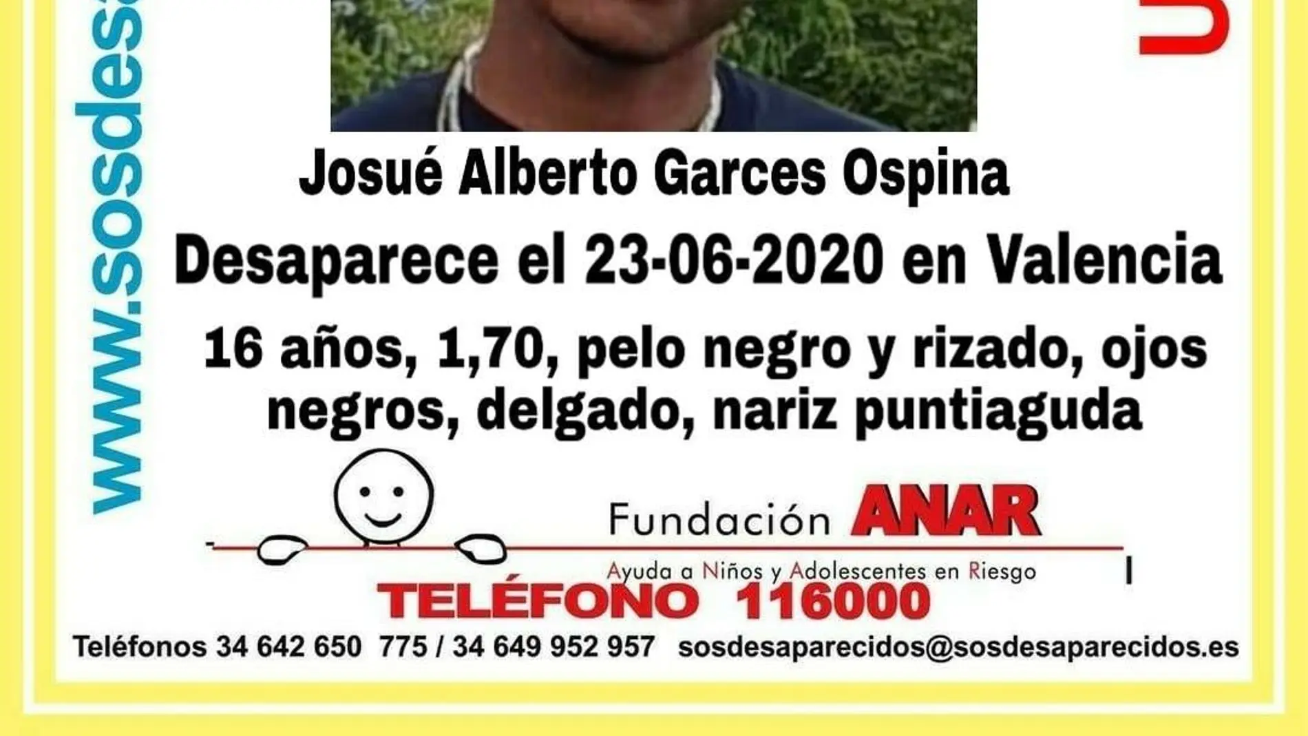 Sos Desaparecidos ha denunciado la desaparición de un menor en Valencia. Falta desde el día 23 de junio.