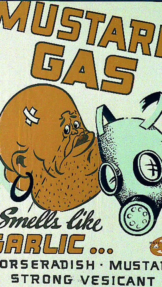 Cartel de advertencia para reconocer ataques con gas mostaza durante la Segunda Guerra Mundial.