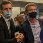 El presidente nacional del Partido Popular, Pablo Casado (1i) y el presidente de la Xunta de Galicia, Alberto Núñez Feijóo (2i) se saludan durante la reunión del Comité Ejecutivo Nacional del PP