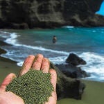 Mano con olivina molida en primer plano, y al fondo una playa con arenas verdes, que muestra el aspecto que podrían tener las futuras playas “con meteorización acelerada”. Foto cortesía de Project Vesta y Climitigation