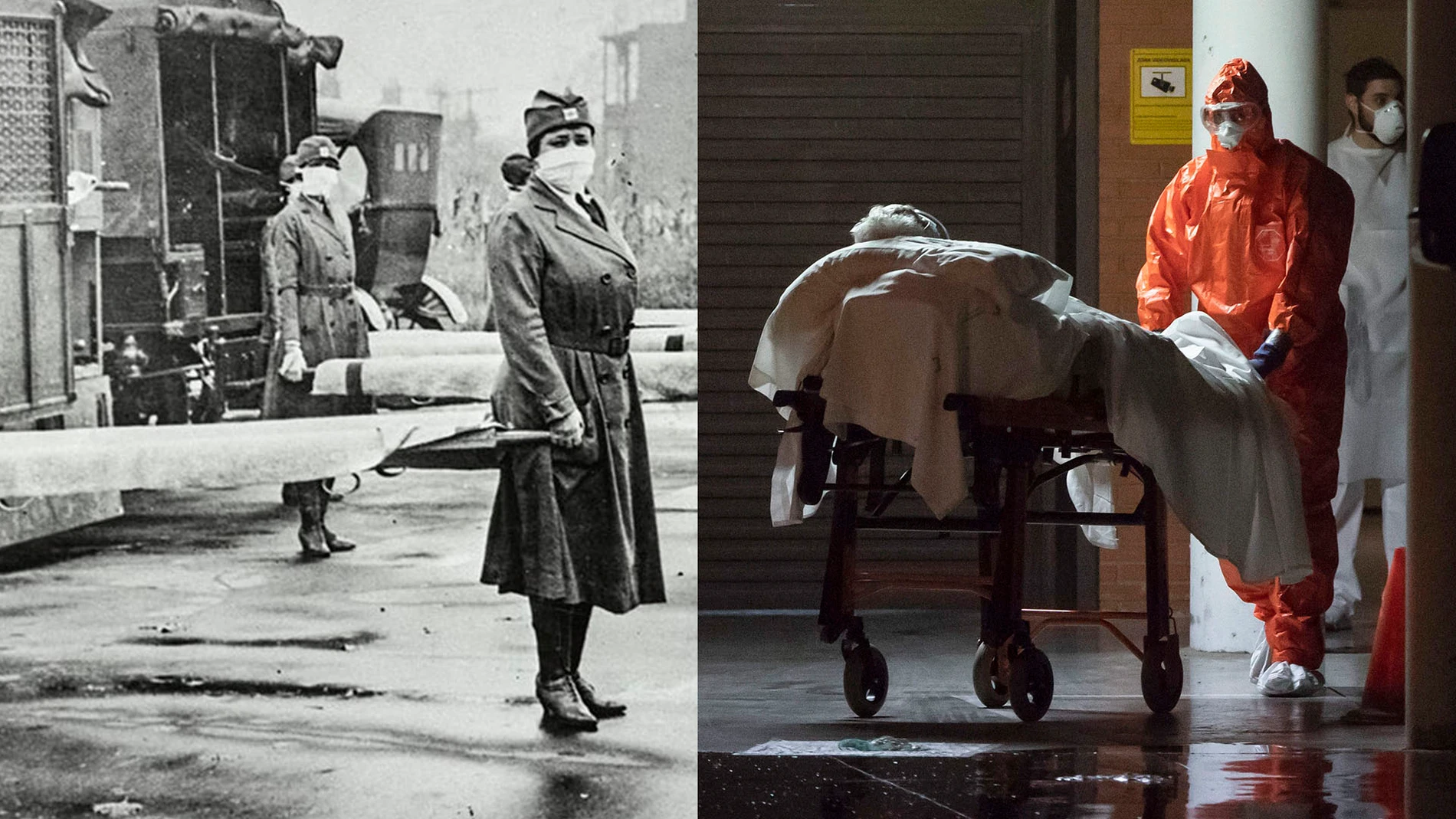 Imágenes de dos pandemias: enfermeras de la Cruz Roja en Washington durante la gripe española y un enfermero del servicio de salud murciano traslada un enfermo de Covid-19.