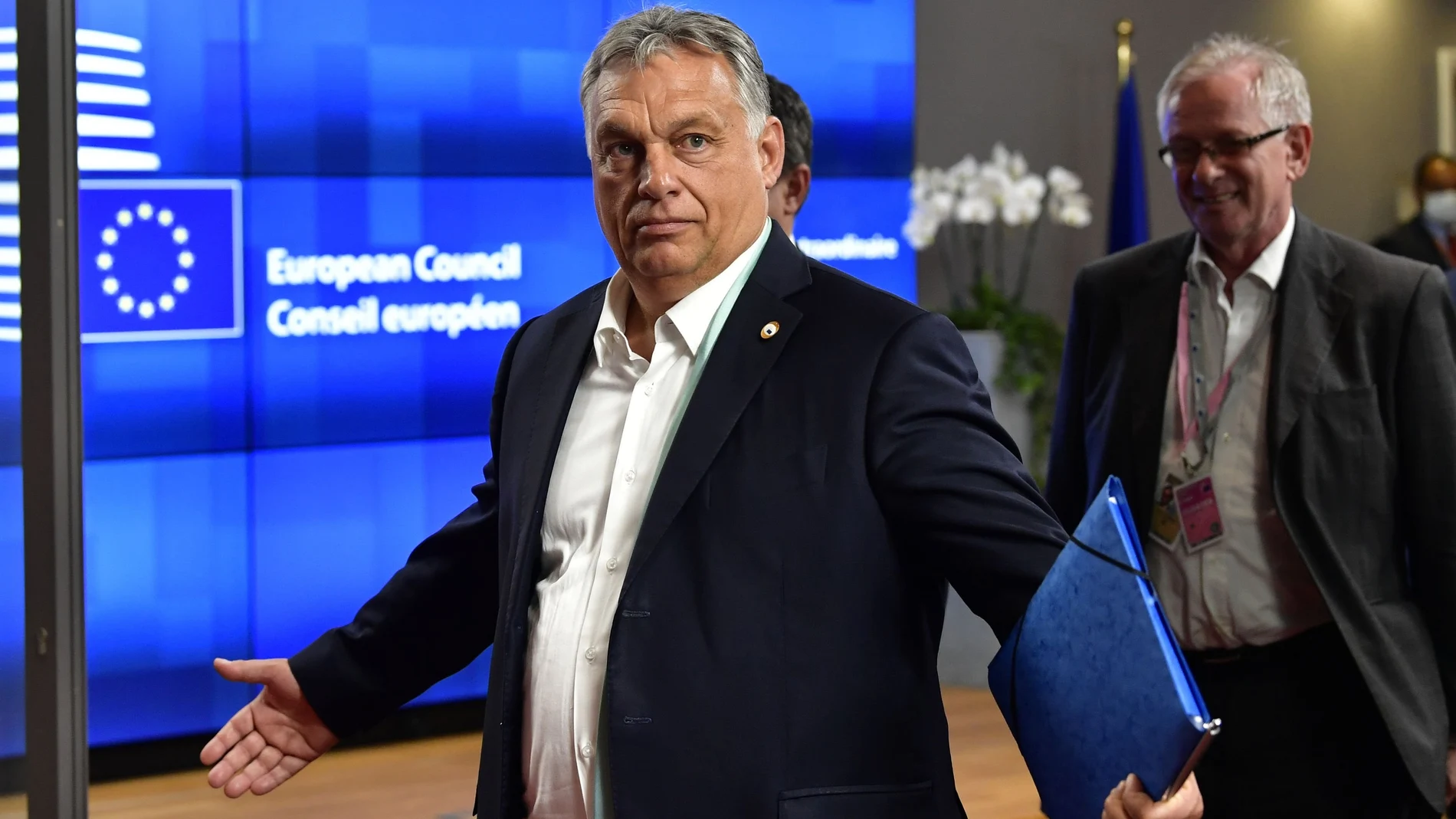 Hungary's Prime Minister Viktor Orban leaves after a meeting of an EU summit on a coronavirus recovery package at the European Council building in Brussels