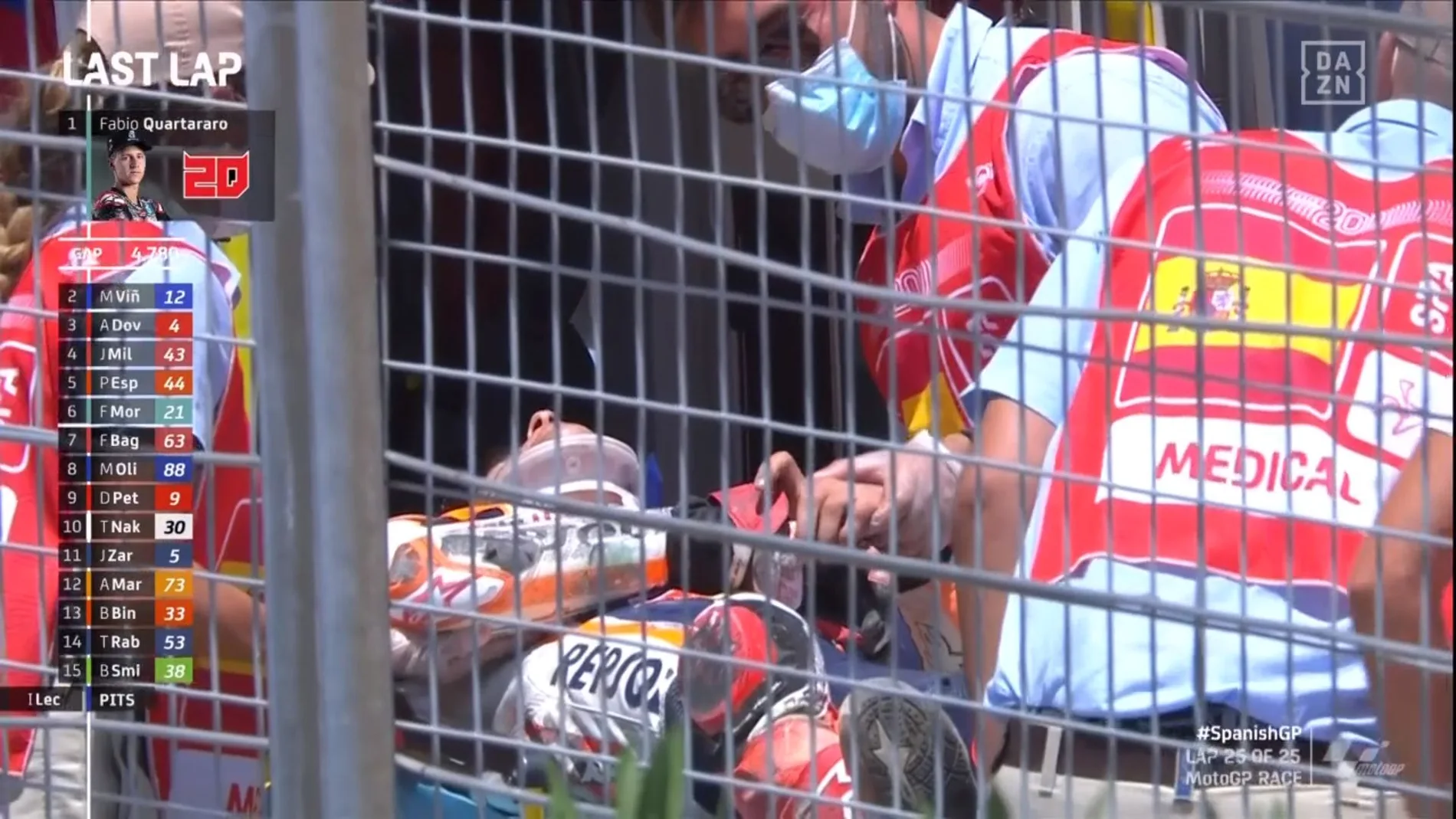 Márquez se va de la pista en camilla tras su caída