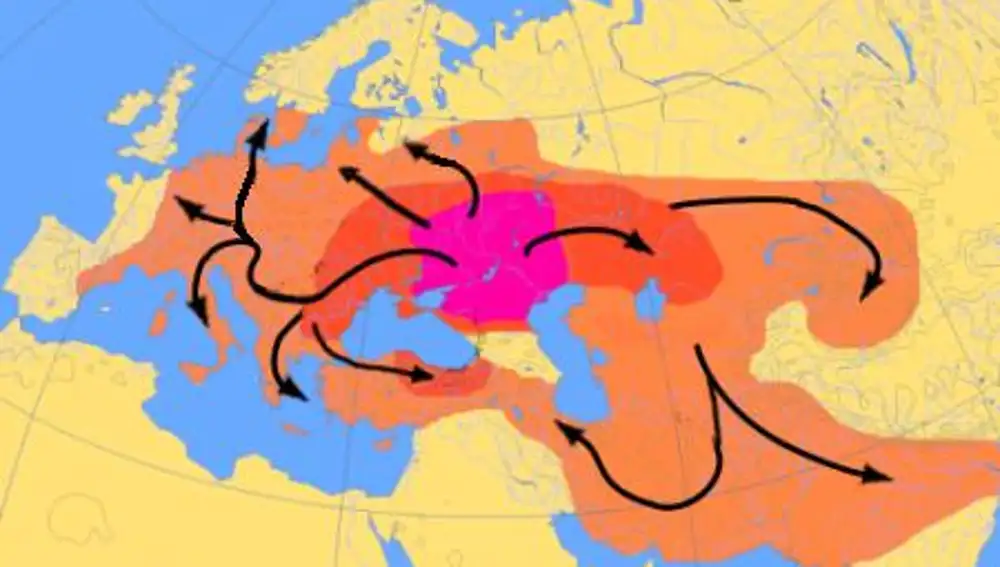 Las migraciones indoeuropeas, tal y como las hemos reconstruido en base a evidencias arqueológicas, genéticas y lingüísticas. La patria ancestral de los indoeuropeos estaría en las estepas al norte del Cáucaso y coincidiría con la cultura yamna, alrededor del 3500 a.C. En naranja oscuro están marcadas las zonas que los indoeuropeos habrían colonizado en el año 2500 a.C., y en naranja claro las regiones a las que habrían llegado alrededor del 1000 a.C.