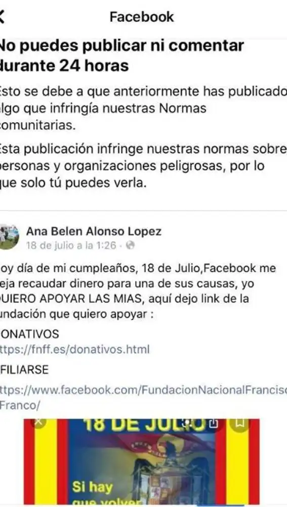 El aviso de Facebook en la cuenta de Ana Belén Alonso