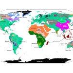 Las principales familias lingüísticas del mundo y su distribución geográfica aproximada. Cada color representa una familia, salvo para las familias australianas, papúes y joisán, que son en realidad grupos de familias que se han agrupado tradicionalmente bajo un mismo paraguas.