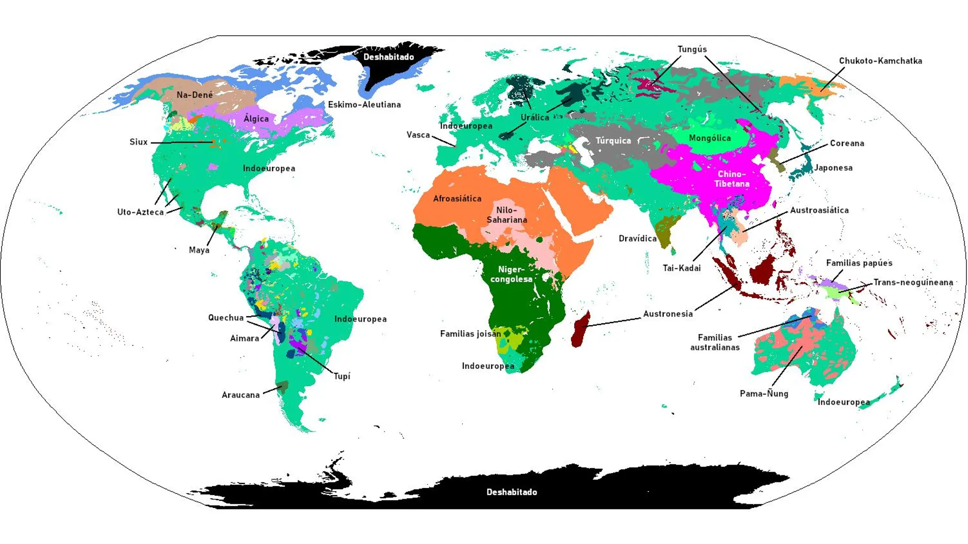 Las principales familias lingüísticas del mundo y su distribución geográfica aproximada. Cada color representa una familia, salvo para las familias australianas, papúes y joisán, que son en realidad grupos de familias que se han agrupado tradicionalmente bajo un mismo paraguas.