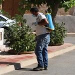 Un operario municipal desinfecta las calles de Cantalpino. Los bares del municipio de Cantalpino, en Salamanca