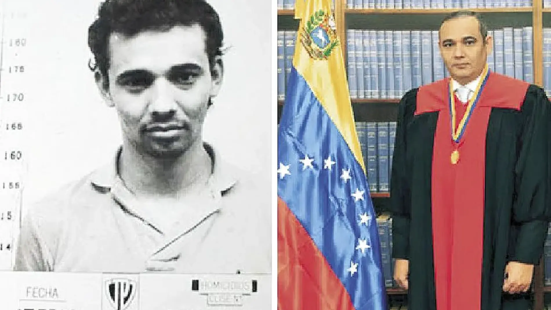 Maikel José Moreno, en la foto de la ficha policial de 1989, acusado de homicidio. Junto a estas líneas, ya como magistrado del Tribunal Supremo de Justicia de Venezuela
