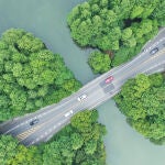 (200527) -- HANGZHOU, 27 mayo, 2020 (Xinhua) -- Vista aérea del 27 de mayo de 2020 de vehículos circulando sobre la calzada elevada Yanggongdi en el área escénica del Lago Oeste, en Hangzhou, en la provincia de Zhejiang, en el este de China. (Xinhua/Weng Xinyang) (jg) (vf) (ce)