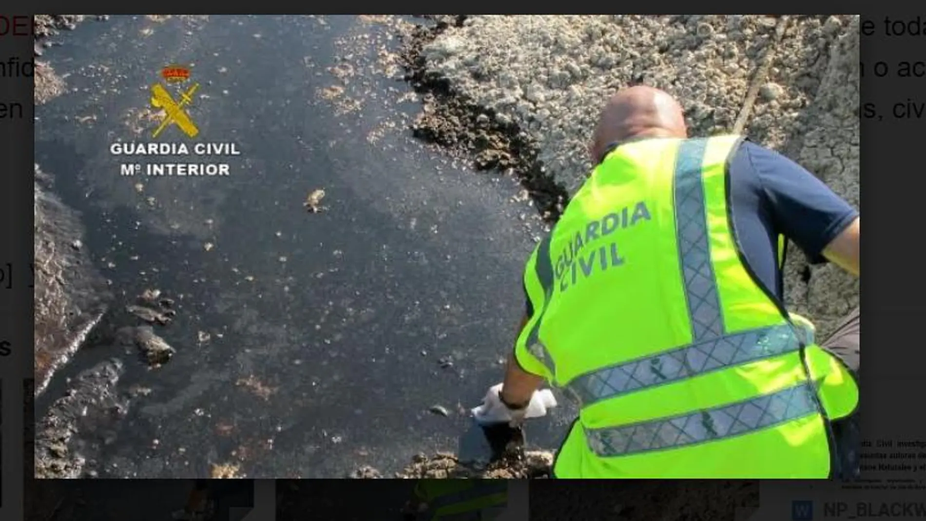 Un agente toma muestras de las aguas contaninadas
