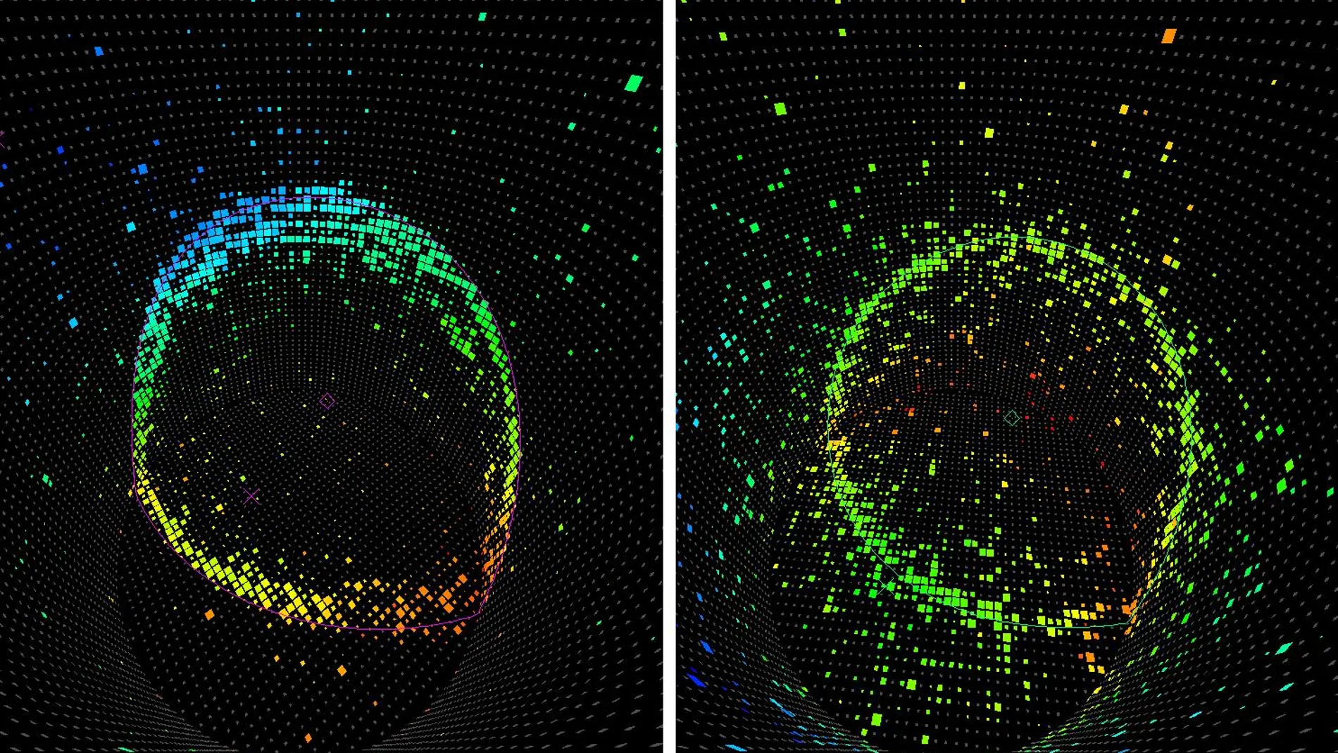 Imagen de la detección de un neutrino muónico (izquierda) y un neutrino electrónico (derecha) en el experimento Super-Kamiokande en 1998. Lo que vemos son círculos de luz producidos por un muón y un electrón, que a su vez provienen cada uno de un tipo de neutrino. Los electrones son reconocibles porque producen cascadas de partículas que introducen “ruido” en el círculo. Los muones, en cambio, producen un círculo mucho más limpio. Los colores representan el tiempo de llegada de la señal a cada píxel, siendo el azul y el violeta tiempos más tempranos y el naranja y el rojo más tardíos.